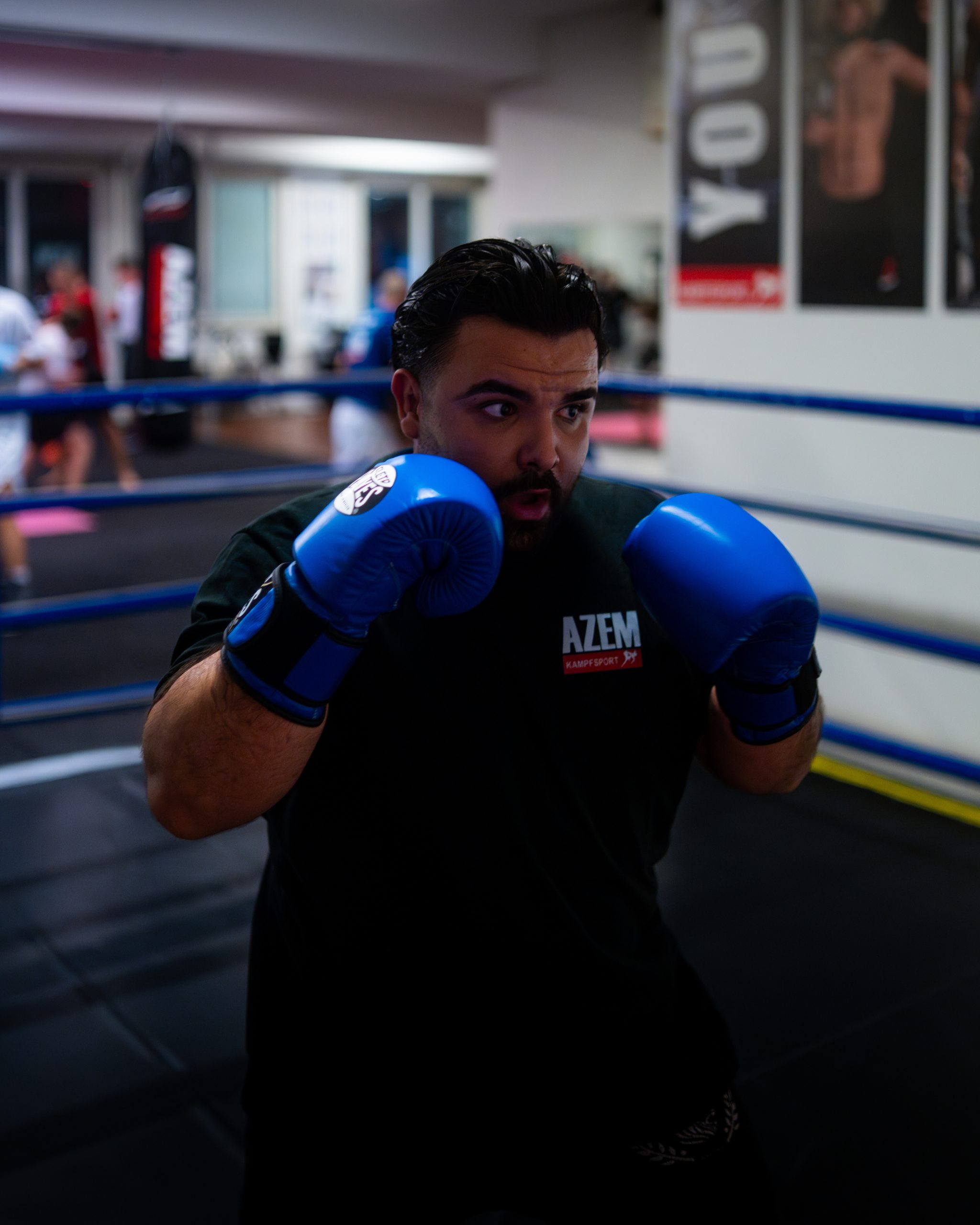 Boxer in Kampfstellung mit blauen Handschuhen im Ring.